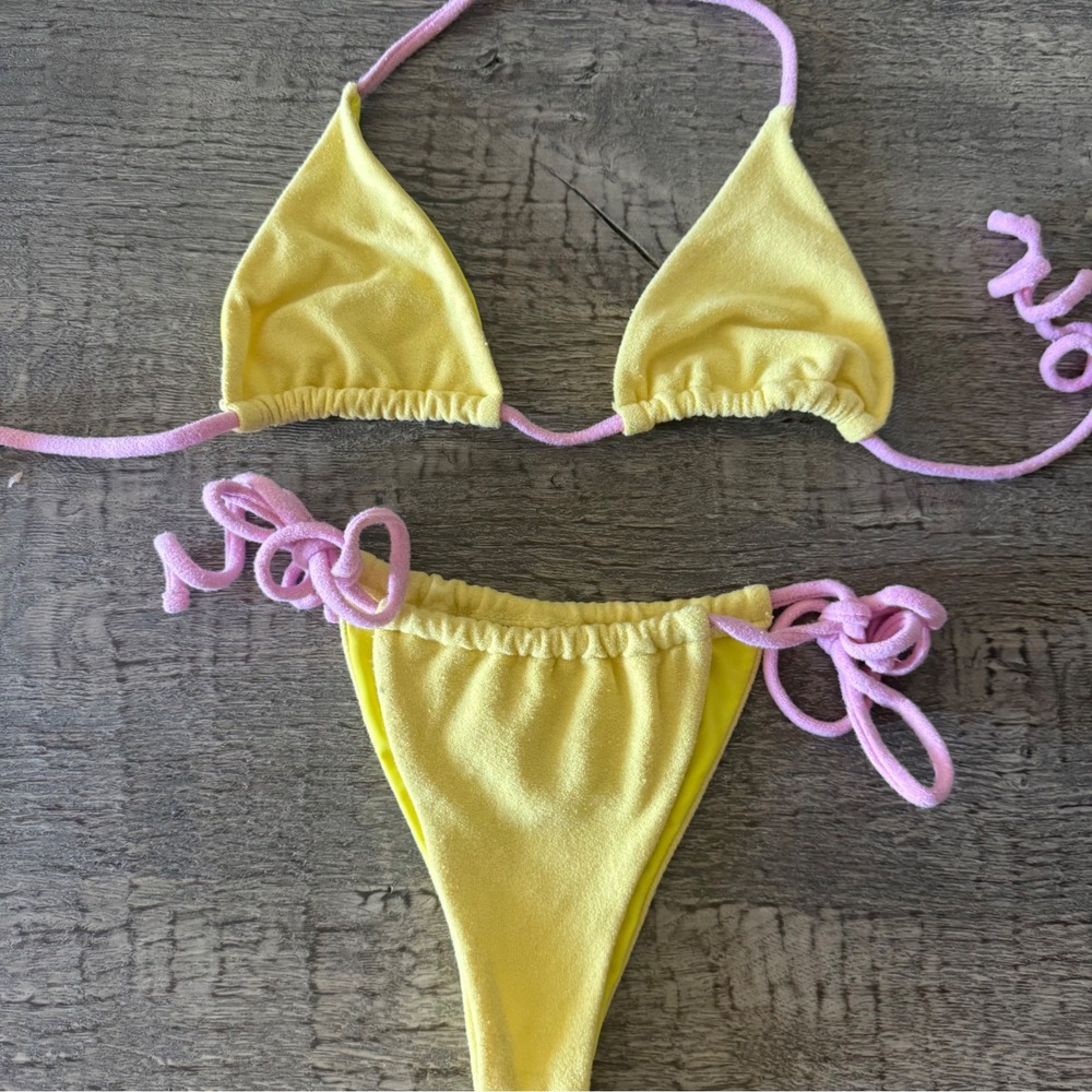 Beach Bunny Terry Bikini Yellow Pink Tie Side High Cut‎ Set Size Medium